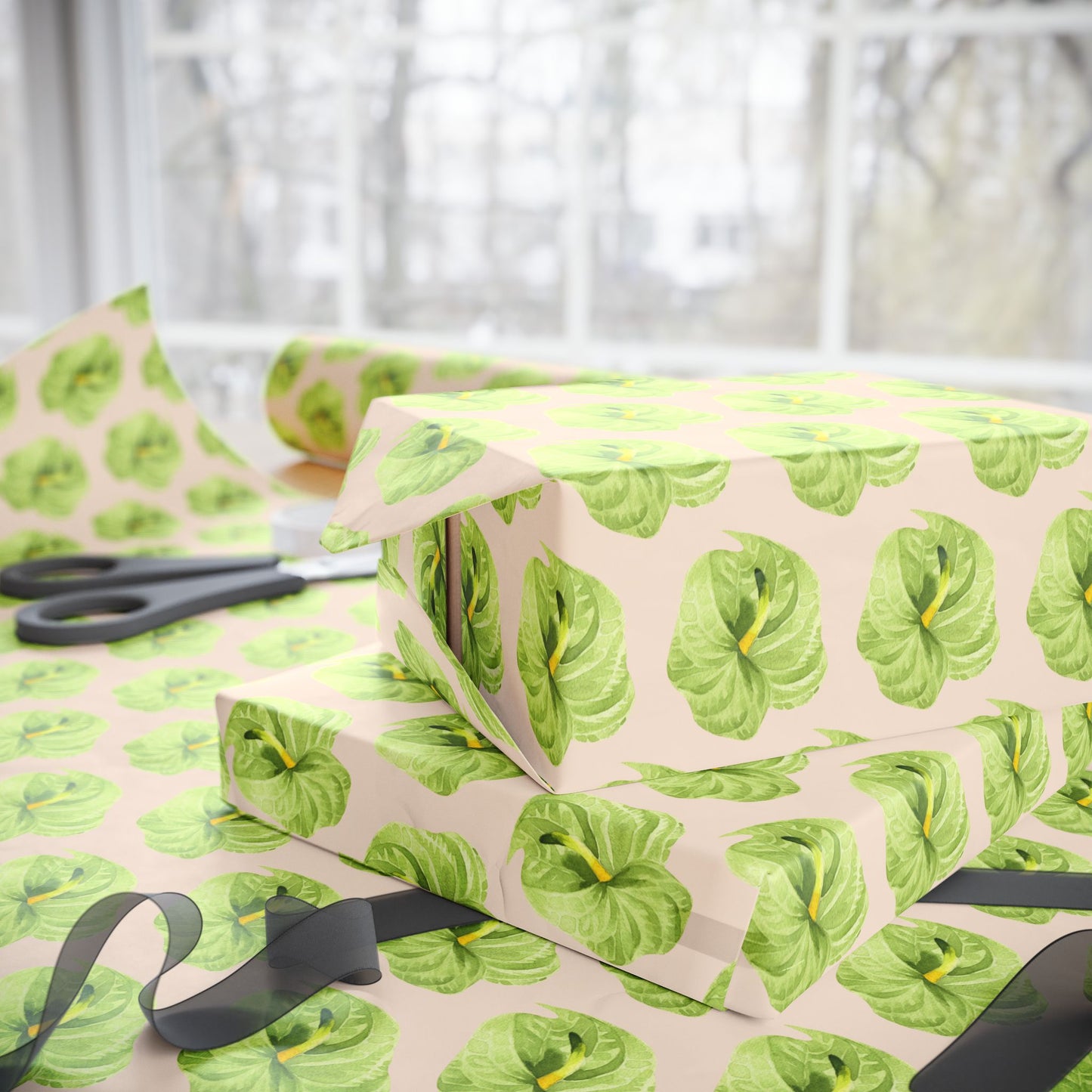 Green Anthurium Pua Wrapping Paper – Green Floral Gift Wrap for Nature Lovers
