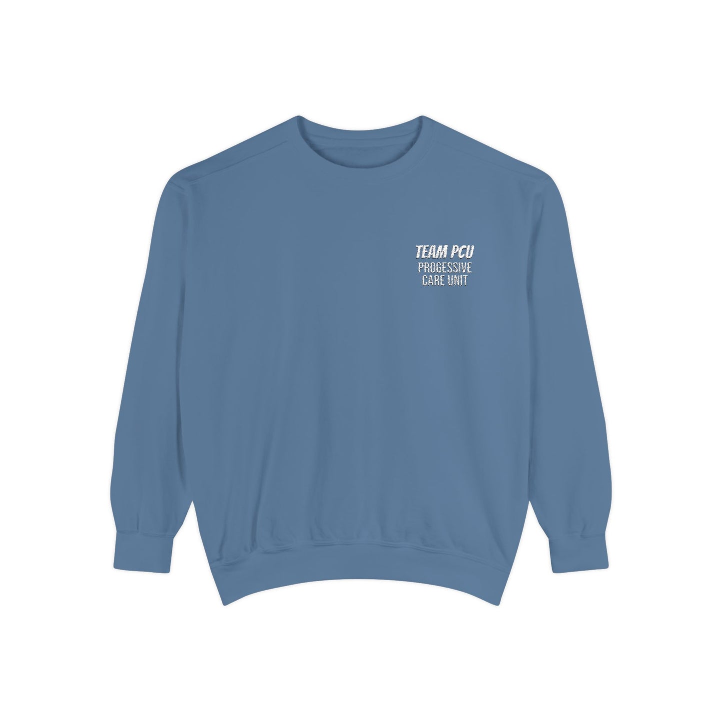 Retro Embroidered Sweatshirt — "TEAM PCU" Chest Logo Casual Pullover
