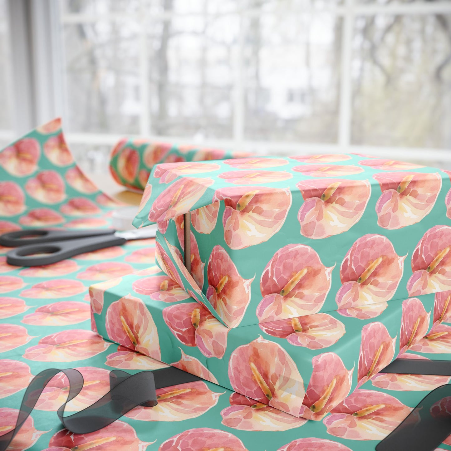 Pink Anthurium Pua Wrapping Paper Roll — Pink Watercolor on Teal
