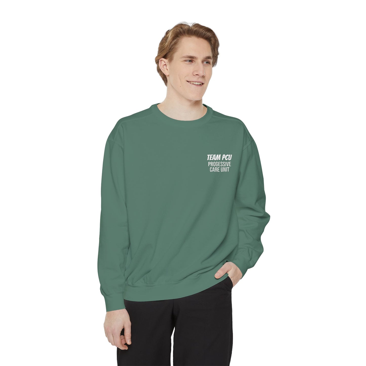 Retro Embroidered Sweatshirt — "TEAM PCU" Chest Logo Casual Pullover