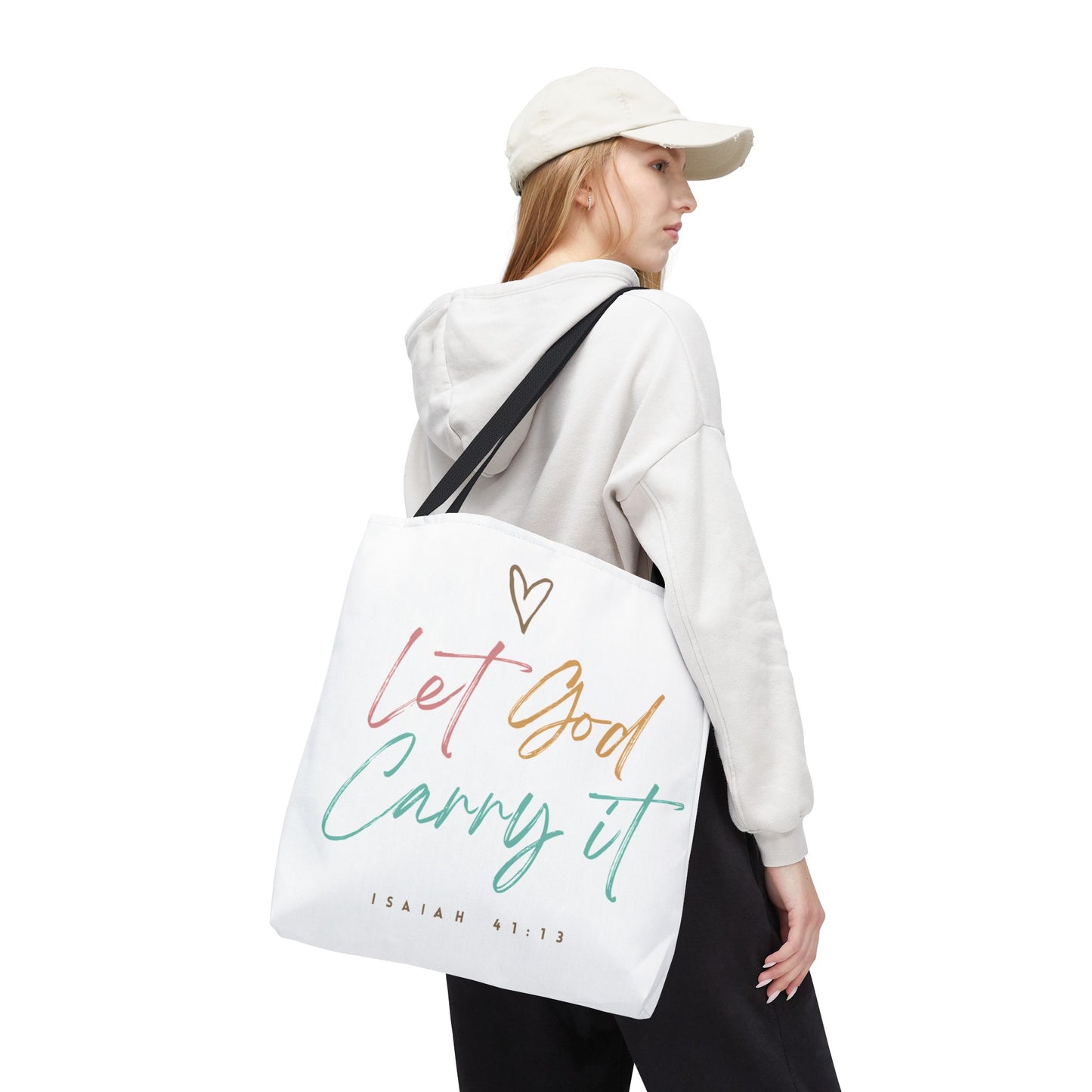 Inspirational Tote Bag Black Handle 13", 16", 18" - Let God Carry It | Isaiah 41:13