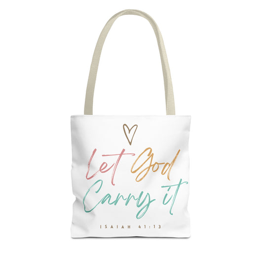 Inspirational Tote Bag Beige Handle 13", 16", 18" - Let God Carry It | Isaiah 41:13