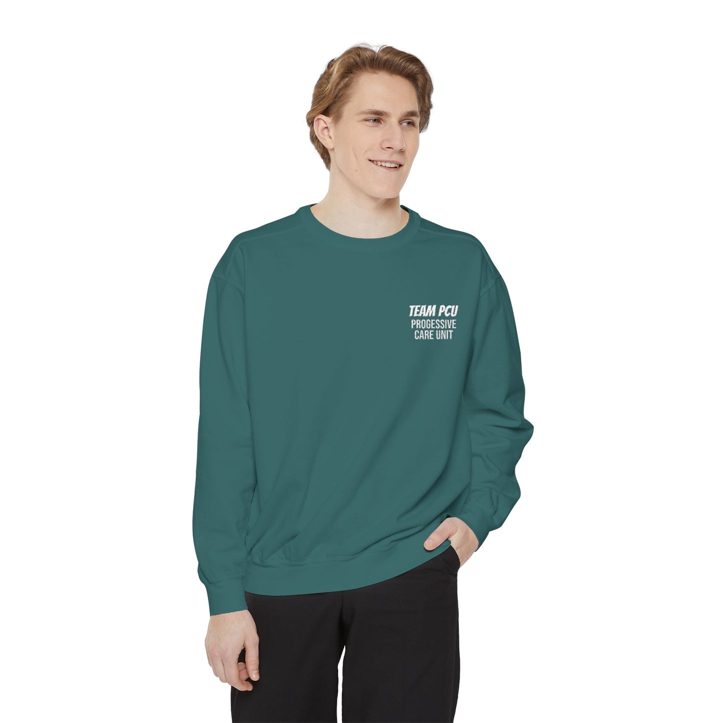 Retro Embroidered Sweatshirt — "TEAM PCU" Chest Logo Casual Pullover