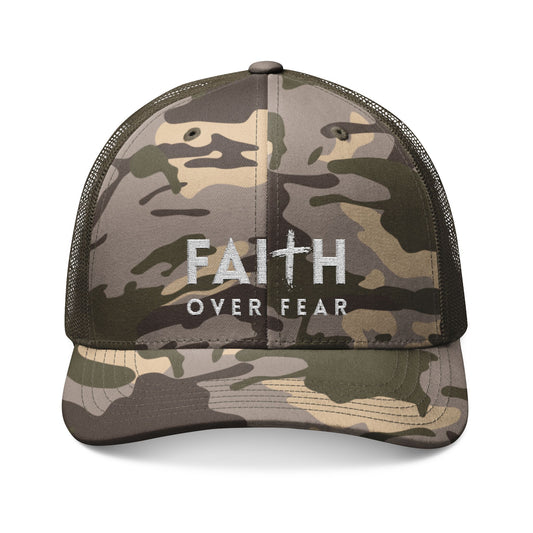 Camouflage Faith Over Fear Trucker Hat