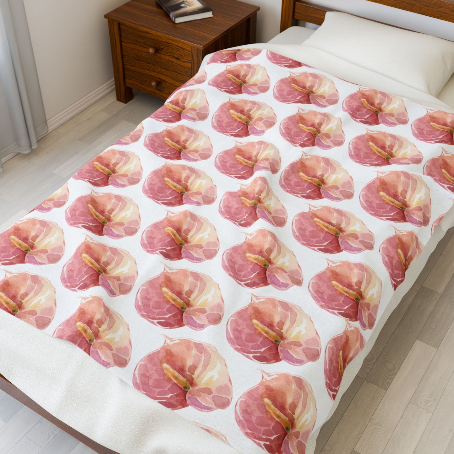 Anthurium Velveteen Plush Blanket — Pink Watercolor Poppy Floral Throw