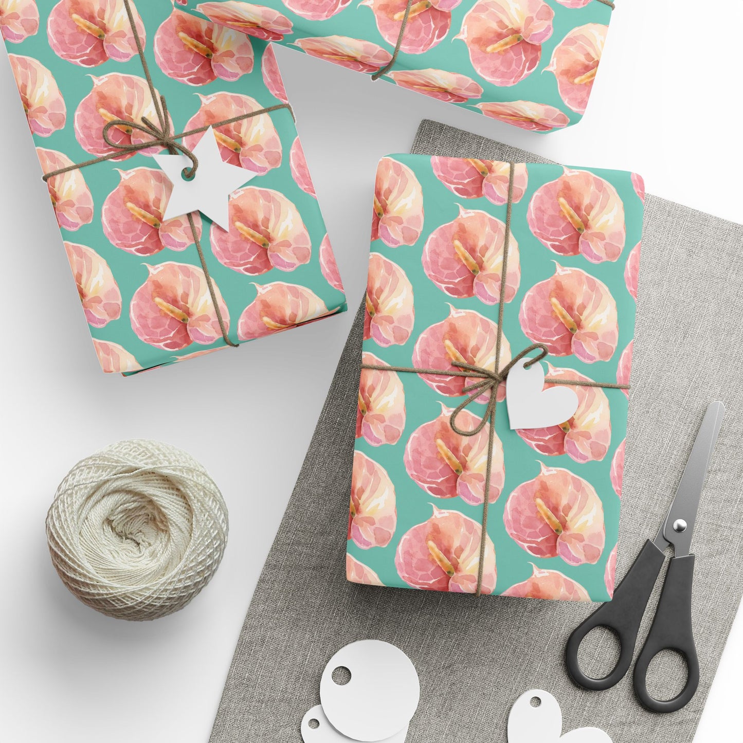 Pink Anthurium Pua Wrapping Paper Roll — Pink Watercolor on Teal