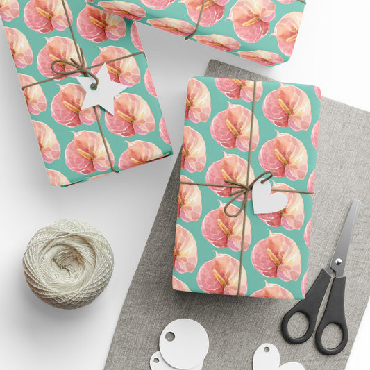 Pink Anthurium Pua Wrapping Paper Roll — Pink Watercolor on Teal