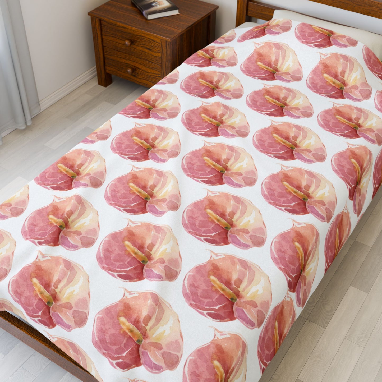 Anthurium Velveteen Plush Blanket — Pink Watercolor Poppy Floral Throw