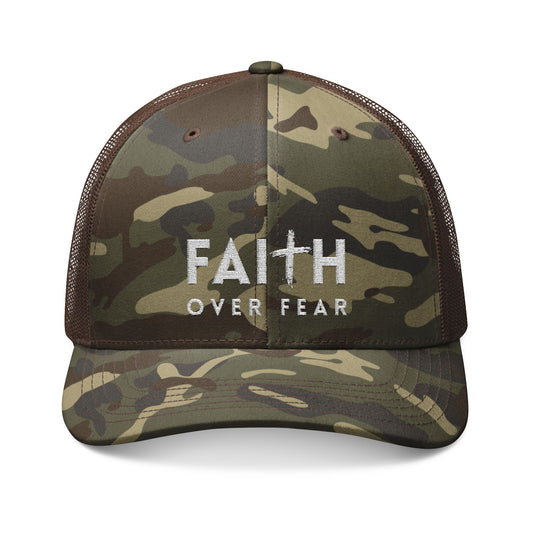 Camouflage Faith Over Fear Trucker Hat