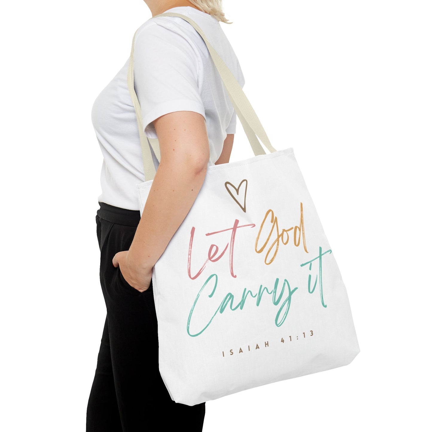 Inspirational Tote Bag Beige Handle 13", 16", 18" - Let God Carry It | Isaiah 41:13