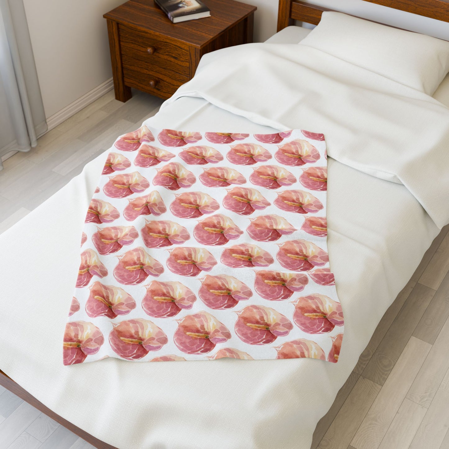 Anthurium Velveteen Plush Blanket — Pink Watercolor Poppy Floral Throw