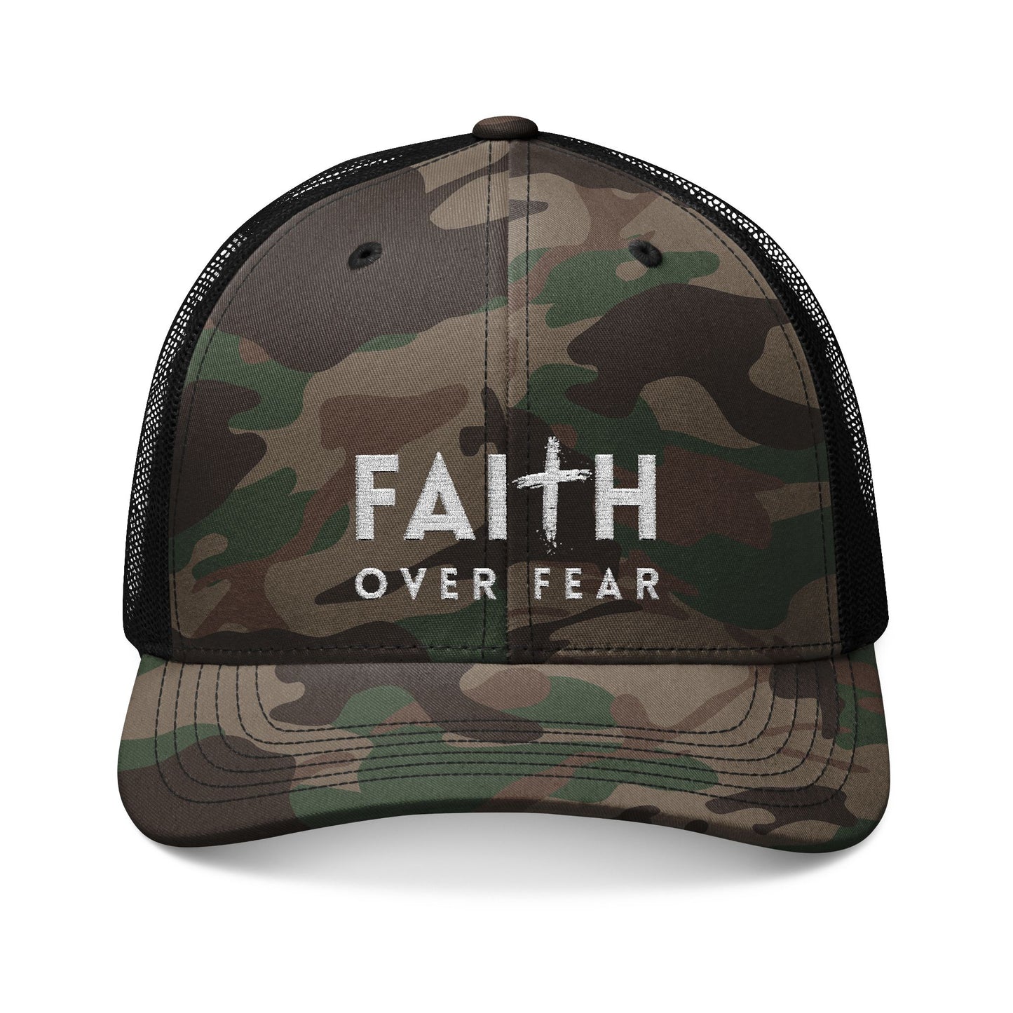 Camouflage Faith Over Fear Trucker Hat