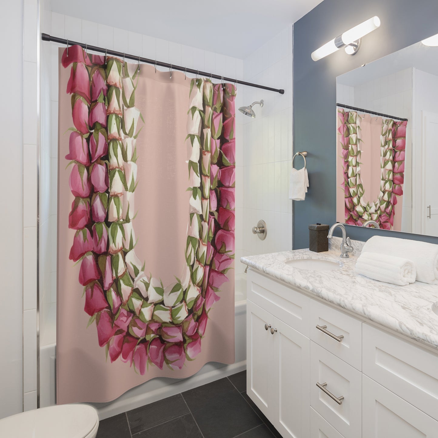 Pink Lei Loke Shower Curtain — Tropical Flower Garland Bathroom Decor
