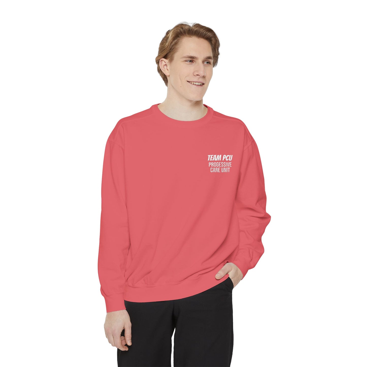 Retro Embroidered Sweatshirt — "TEAM PCU" Chest Logo Casual Pullover